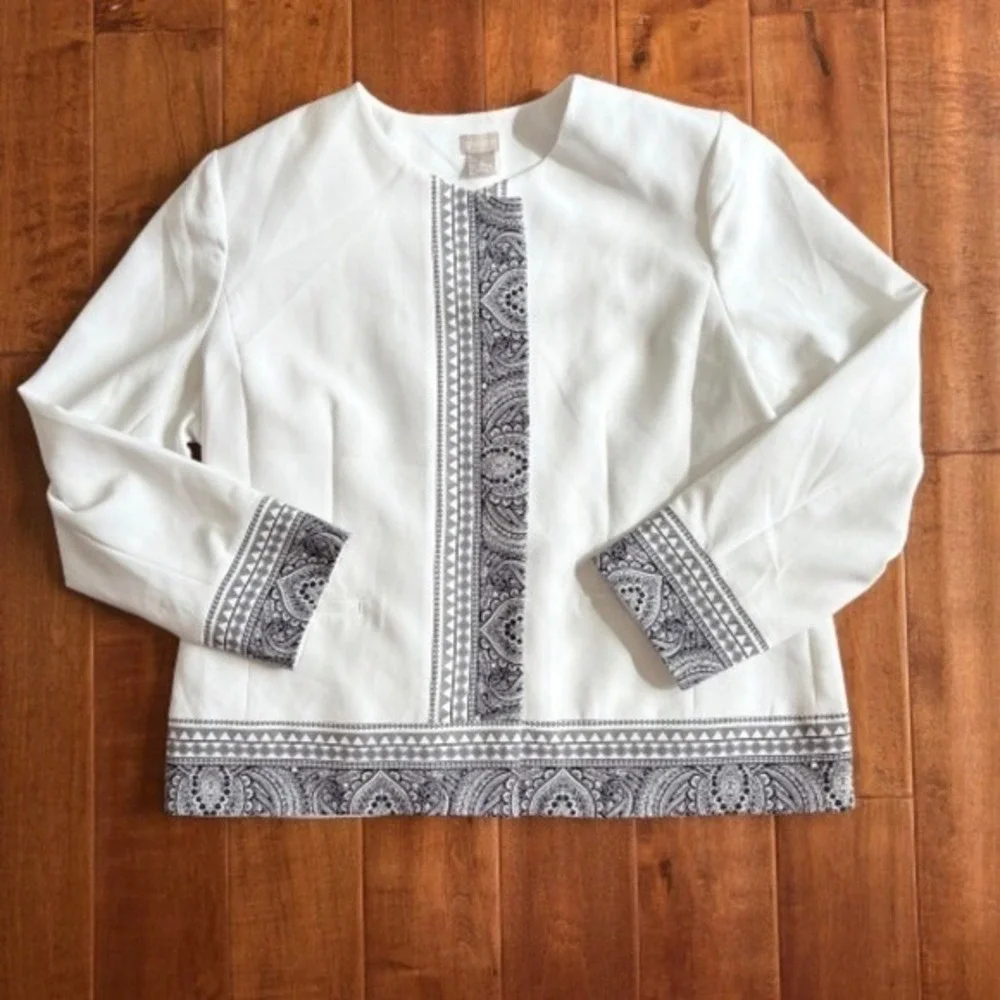 Chico's Blazer‎ Paisley Border Print Open Front, Women 3 (16/18) White Black